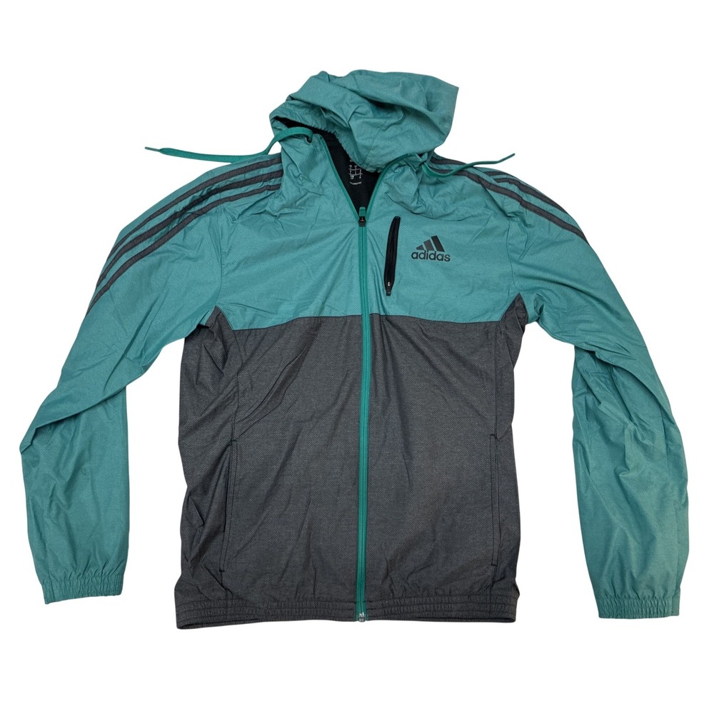 Adidas Mens Windbreaker Jacket Teal Gray Full Zip Hooded Small Colorblock S